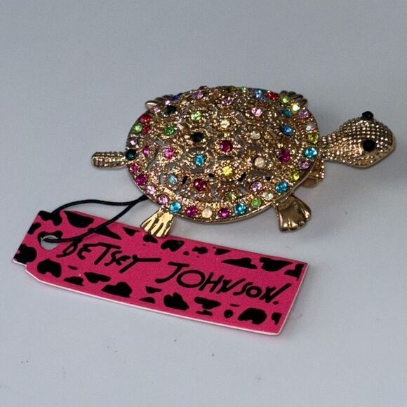 NWT Betsey Johnson turtle rainbow crystal pin/brooch gold - Picture 7 of 7